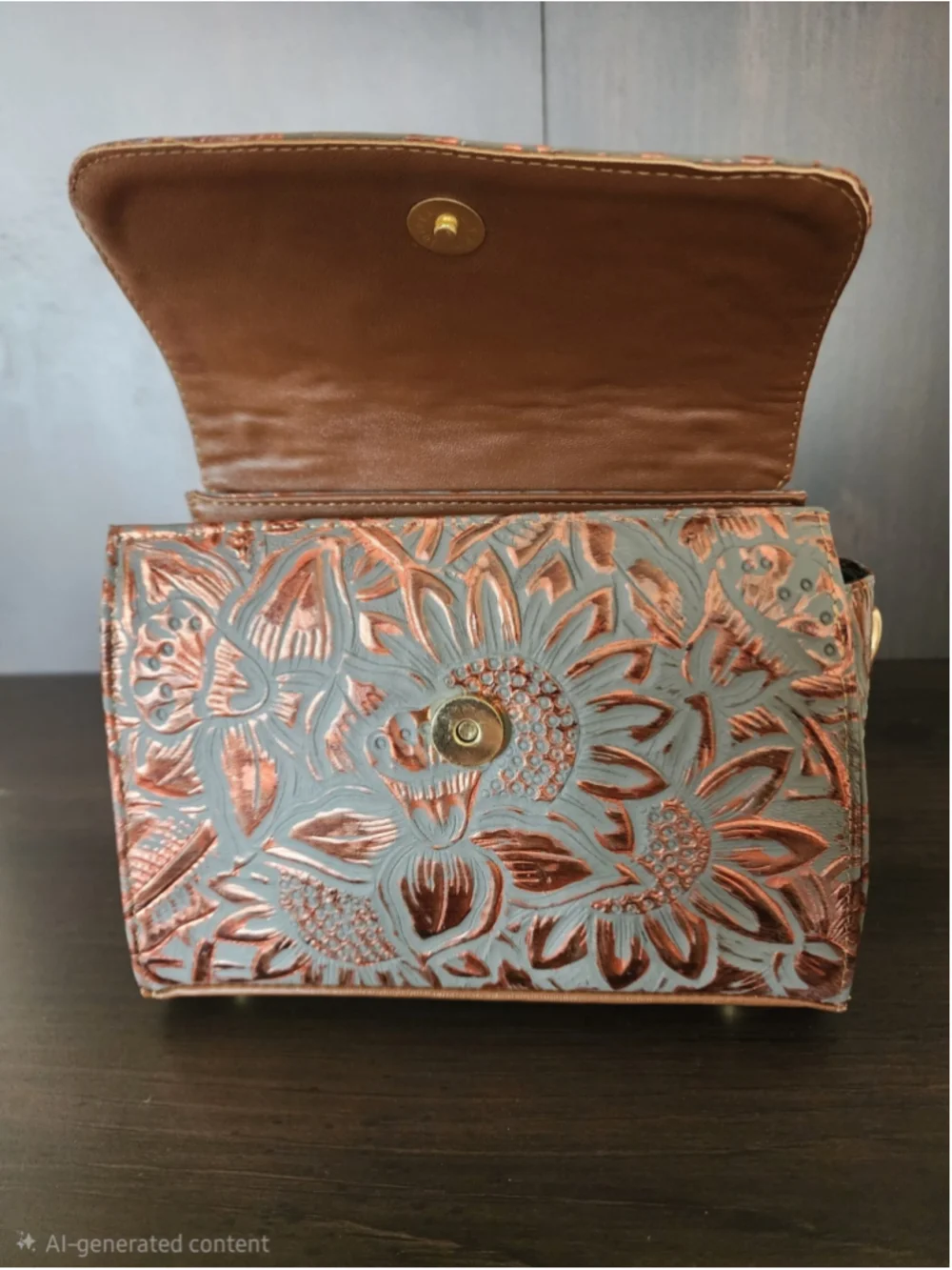 Blue Gray Bronze Sunflower Embossed Tooled Artisan Leather Crossbody Purse
